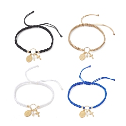 (52) Непрозрачная лаванда Овал с Девой Марией и крестом 304 браслеты с подвесками из нержавеющей стали и натурального пресноводного жемчуга, плетеные браслеты из нейлонового шнура для женщин, разноцветные, внутренний диаметр: 2~3-3/8 дюйм (5~8.7 см)