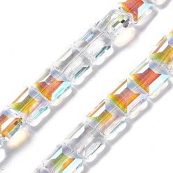 Квадрат Прозрачные стеклянные бусины гальваническим пряди, с половиным покрытием, квадратный, 13x13x7 мм, отверстие : 1.2 мм, около 50 шт / нитка, 25.98'' (66 см)