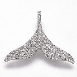 Platinum Brass Micro Pave Cubic Zirconia Pendants, Whale Tail Shaped, Platinum, 24x32x5mm, Hole: 2x5mm