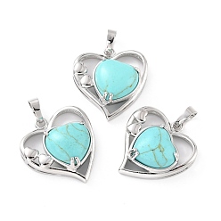 Синтетическая Бирюза Синтетические бирюзовые подвески, с латунной фурнитурой платинового цвета, без кадмия и без свинца, сердце, День святого Валентина, 28x26x5 мм, отверстие : 8x5 мм