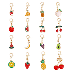 Mixed Color Zinc Alloy Enamel Fruit Pendant Decoration, with Lobster Clasp, Mixed Color, 30.5~43.5mm, 16pcs/set