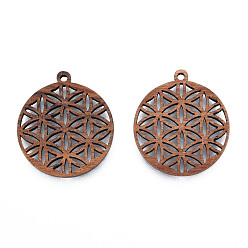 Верблюжий Подвески из натурального орехового дерева, неокрашенными, полая плоская круглая подвеска с цветком, верблюжие, 29x26x2.5 мм, отверстие : 1.8 мм
