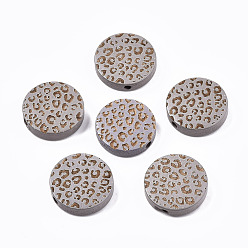 Light Grey Painted Natural Wood Beads, Laser Engraved Pattern, Flat Round with Leopard Print, Light Grey, 15x4.5mm, Hole: 1.5mm