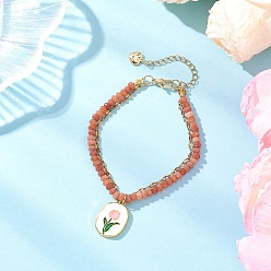 Оранжевый Натуральный малайзийский нефритовый браслет из нескольких нитей, цветок, с ионным покрытием (IP) 304 текстурированные цепочки из нержавеющей стали и подвески из эмалевого сплава, оранжевые, 7-3/4 дюйм (19.6 см)