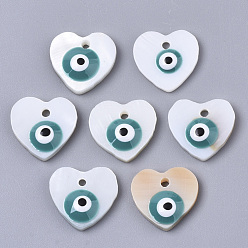 Dark Cyan Natural Freshwater Shell Charms, with Enamel, Heart with Evil Eye, Dark Cyan, 12x12~13x3mm, Hole: 1.4mm