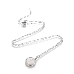 Letter J Brass Initial Pendant Necklaces, with Shell, Cubic Zirconia and 304 Stainless Steel Cable Chains, Flat Round with Letter, Letter.J, 17.5 inch(44.5cm), 1.5mm
