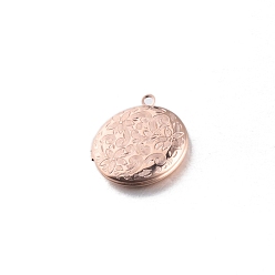 Rose Gold Stainless Steel Locket Pendants, Flat Round with Flower, Rose Gold, 31x26x2.25mm