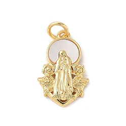 Плоский Круглый Латунные подвески из натуральной белой ракушки в стиле религии, девственные чары с соединительными кольцами, реальный 18 k позолоченный, долговечный, без свинца и без кадмия, стойки покрытие, плоско-круглые, 18x11.5x2.5 мм, отверстие : 3 мм