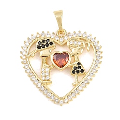 Настоящее золото 18K Латунный кулон с микропаве из циркония, сердце с парными подвесками, без кадмия и без свинца, реальный 18 k позолоченный, 24.5x25x3 мм, отверстие : 3.5x6 мм
