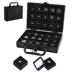Black Rectangle Aluminum Alloy with MDF Organizer Cases, with 30Pcs Square Plastic Visible Window Gems Cases with Spooge Inside, Black, 20.1x15.5x6.3cm
