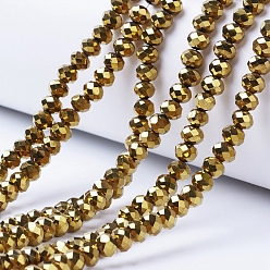 Golden Plated Electroplate Transparent Glass Beads Strands, Full Plated, Faceted, Rondelle, Golden Plated, 4x3mm, Hole: 0.4mm, about 123~127pcs/strand, 16.5~16.9 inch(42~43cm)