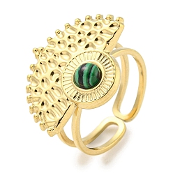 Malachit Ionenplattierung (IP) 304 Manschettenringe aus synthetischem Malachit aus Edelstahl, Fächerringe für Damen, echt 18 k vergoldet, 22.5x17.5 mm, Innendurchmesser: verstellbar