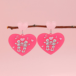 Темно-Розовый Акриловые пуссеты, сердце с черепом, темно-розовыми, 50x40 мм