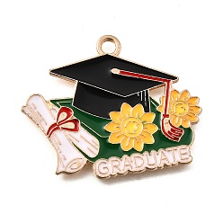 Золотистый Подвески из эмали и сплава, золотой свет, шапочка бакалавра с цветком и надписью «градуировка», золотые, 24.5x30x1 мм, отверстие : 2 мм