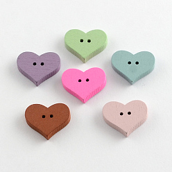 Mixed Color 2-Hole Dyed Wooden Buttons, Heart, Mixed Color, 16x20x4mm, Hole: 1.5mm