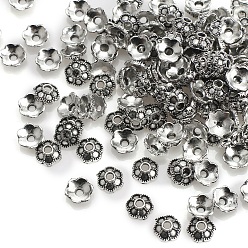 Antique Silver Tibetan Style Alloy Bead Caps, Multi-Petal Flower, Antique Silver, 7.1x6.5mm