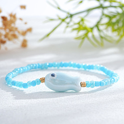 Темно-Голубой Эластичные браслеты из смолы и фарфоровых бусин для женщин, рыба, глубокое синее небо, 6.89 дюйм (17.5 см)