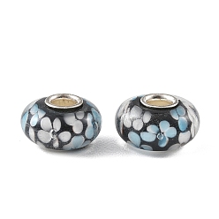 Black Lampwork & Brass Core European Beads, Large Hole Beads, Rondelle with Flower, Black, 15x7.5mm, Hole: 4mm