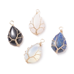 Mixed Stone Natural & Synthetic Gemstone Pendants, with Real 18K Gold Plated Copper Wire Wrapped, Teardrop, 34.5~36.5x18~19x8.5~10mm, Hole: 3~3.5mm