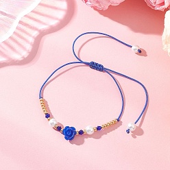 Синий Браслеты из стеклянного бисера и плетеного бисера из смолы, плетеные браслеты из нейлоновой нити для женщин, цветок розы, синие, внутренний диаметр: 3.46 дюйм (8.8 см)