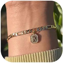 Letter K 304 браслеты с подвесками из нержавеющей стали и кристаллами горного хрусталя, браслеты-цепочки Фигаро для женщин, прямоугольник с буквой, золотые, Письмо K, 6-3/4 дюйм (17 см)