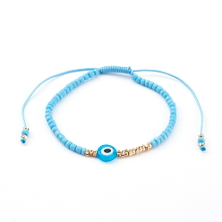 Светло-Голубой Регулируемые нейлоновые шнур плетеный браслеты из бисера, со стеклянными бисеринами, сглаз бусины лэмпворк и латунные бусины, золотые, Небесно-голубой, внутренний диаметр: 1-7/8~3-3/8 дюйм (4.8~8.5 см)