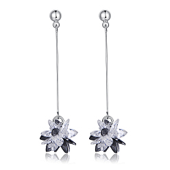 Black Brass Micro Pave Cubic Zirconia Dangle Stud Earring, Cadmium Free & Lead Free & Nickel Free, Flower, Platinum, Black, 46x13mm