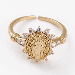 Золотой Латунные кольца из манжеты с прозрачным цирконием, открытые кольца, долговечный, овальные с рисунками " virgin mary", золотые, размер США 6 (16.5 мм)