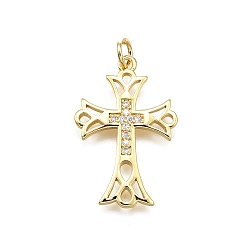 Настоящее золото 18K Латунные микро проложить кубического циркония подвески, крестик, долговечный, без свинца и без кадмия, стойки покрытие, с целью перехода в кольце, реальный 18 k позолоченный, 26.5x17.5x2 мм, отверстие : 3.5 мм