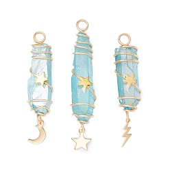 Голубой 3 шт. 3 стили гальванизированные подвески из натурального кварцевого кристалла с заостренными концами из медной проволоки, с латунью и 304 нержавеющей сталью звезда молния луна, золотые, голубой, 44.5~54x10~11x11~13 мм, отверстие : 4 мм, 1 шт / стиль