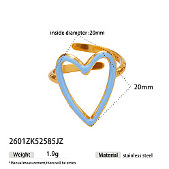 Azul Cielo 304 Anillos abiertos de puño de acero inoxidable, corazón, con esmalte, dorado, luz azul cielo, 20 mm