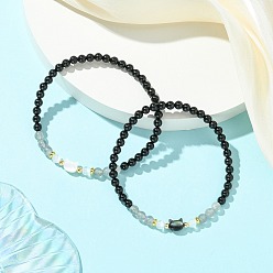 Смешанные камни 2 браслеты из натуральных бусин селенита, лабрадорита, черного турмалина и ракушек, Набор браслетов с подвесками в виде кошек для женщин и мужчин, внутренний диаметр: 2.19~2.22 дюйм (5.55~5.65 см)