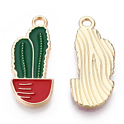 Темно-Зеленый Подвески из сплава , с эмалью, золотой свет, кактус, темно-зеленый, 23x10x2 мм, отверстие : 1.8 мм