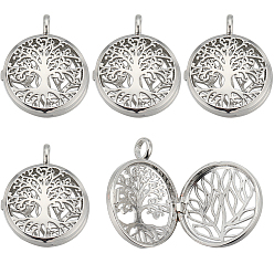 Платина 10шт. подвески из полой латунной клетки, плоские круглые с дерева жизни, платина, 31x26x7.5 мм, отверстие : 4 мм, внутренней меры: 22.5 мм