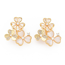 Real 18K Gold Plated Brass Micro Pave Clear Cubic Zirconia Twister Clasps, with Shell, Nickel Free, Flower, Real 18K Gold Plated, 37x29x10.5mm, Hole: 1.2mm