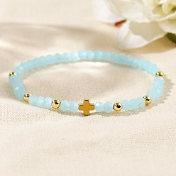 Небесно-голубой Эластичные браслеты из стеклянных и латунных бусин для женщин, круглые, золотые, голубой, 6.89 дюйм (17.5 см)