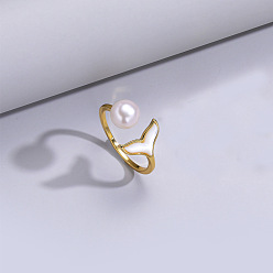 Другие Натуральный пресноводный жемчуг с кольцами-манжетами из натуральных ракушек, золотые, рыбий хвост, внутренний диаметр: 15~19 мм