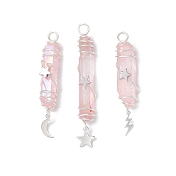 Pink 3 шт. 3 стили гальванизированные подвески из натурального кварцевого кристалла с заостренными концами из медной проволоки, с латунью и 304 нержавеющей сталью звезда молния луна, серебряный цвет гальваническим, розовые, 44.5~54x10~11x11~13 мм, отверстие : 4 мм, 1 шт / стиль