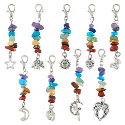 Смешанные камни Подвески с подвесками из драгоценных камней чакра, с застежками-когтями из цинкового сплава и подвесками из сплава в тибетском стиле, разнообразные, 63~82 мм, 9 шт / комплект