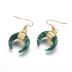 Малахит Серьги малахита болтаются, с латунной фурнитурой , двойной рог / полумесяц, золотые, 41 мм, контактный: 0.5 мм, кулон: 23x20x9 мм