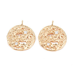 Real 18K Gold Plated Brass Micro Pave Clear Cubic Zirconia Pendants, Nickel Free, Textured, Flat Round, Real 18K Gold Plated, 21x18x2mm, Hole: 1.8mm