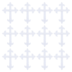 Blanc Écusson thermocollant en polyester avec broderie croix fleurie, couture artisanat décoration, blanc, 95x70x1mm