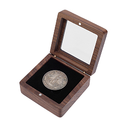 Black Wood Badge Packing Magnetic Boxes with Acrylic Visible Window Lid, Square, Black, 8x8.05x3.8cm