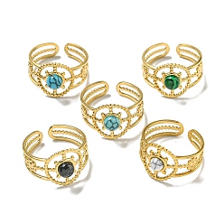 Настоящее золото 18K Ионное покрытие (ip) 304 открытые манжеты из нержавеющей стали, Кольца на круглые пальцы с синтетическим малахитом и бирюзой для женщин и мужчин, реальный 18 k позолоченный, регулируемый