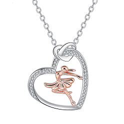 Платиновый & Розовый Золотой Ожерелья с подвесками из латуни с прозрачным кубическим цирконием и микропаве, сердце с балериной, платина и розовое золото, 17.72 дюйм (45 см)