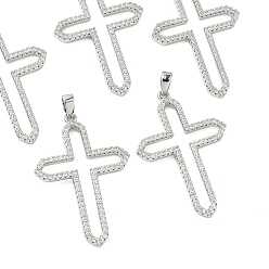 Real Platinum Plated SHEGRACE Brass Micro Pave Cubic Zirconia Pendants, Cross Charms, Cadmium Free & Nickel Free & Lead Free, Clear, Real Platinum Plated, 34x23x2mm, Hole: 2.5x5mm