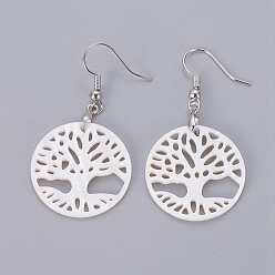 Shell Abalone Shell/Paua Shell Dangle Earrings, with Brass Earring Hooks, Flat Round with Tree of Life, 48.5mm, Pin: 0.6mm