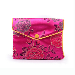 Средний Фиолетово-красный Прямоугольные тканевые мешочки на молнии в китайском стиле, с цветочным узором и кнопкой, средне фиолетовый красный, 10x12 см
