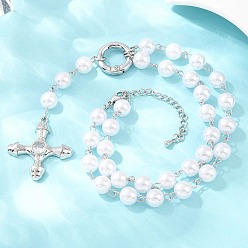 Платина Подвеска в виде креста из латуни с прозрачными кубическими циркониями и цепочкой ручной работы из искусственного жемчуга ABS., долговечный, стойки покрытие, без свинца и без кадмия, белые, платина, 17.20 дюйм (43.7 см)