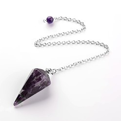 Amethyst Platinum Tone Brass Amethyst Cone Hexagonal Pointed Dowsing Pendulums, with Lobster Claw Clasps, 230x3mm